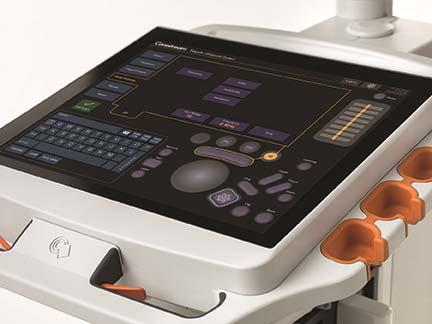 Figur 1: CARESTREAM Touch Ultrasound System har et fuldt leddelt kontrolpanel, der kan drejes, så systemet placeres optimalt i forhold til brugeren.