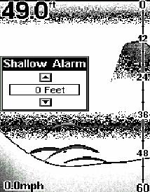 Lavtvandsalarm Indstilling af lavtvandsalarmen sker ved at trykke på menu indtil "SHALLOW ALARM" dukker op. Indstil med piletasten.