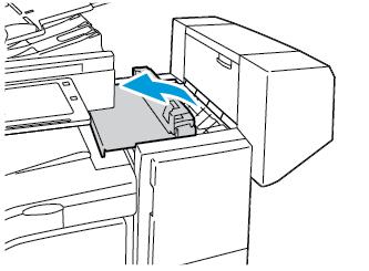 Problemløsning Udredning af papirstop i Office Finisher LX Udredning af papirstop under efterbehandlerens toplåg 1. Træk håndtaget på toplåget opad. 2. Åbn toplåget ved at dreje det til venstre. 3.