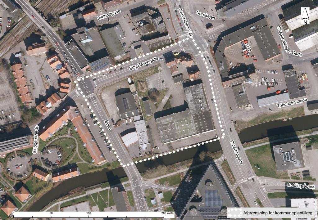 Indledning Områdets beliggenhed Dette tillæg omfatter rammeområde 0036-C2, der udlægger arealet til centerområde i område Buen - Inderhavnen, som ligger nord for Kolding Å ved Buen, Sdr.