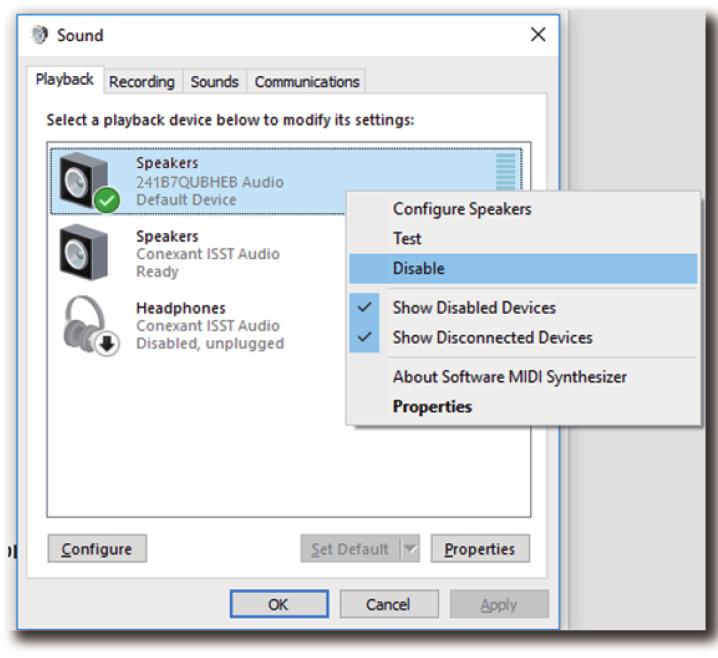 Pour modifier la source de sortie audio, faites un clic droit sur le périphérique audio par défaut, cliquez sur «Disable» (Désactiver), le périphérique de