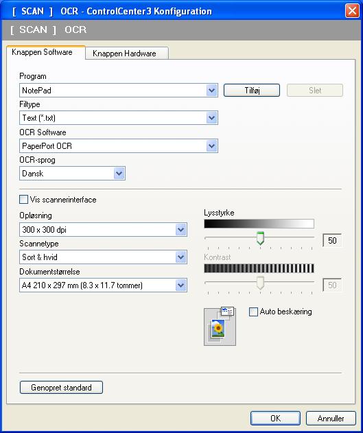 ControlCenter3 OCR (tekstbehandlingsprogram) 3 Scan til OCR scanner et dokument og konverterer det til tekst. Denne tekst kan redigeres ved hjælp af dit foretrukne tekstbehandlingsprogram.