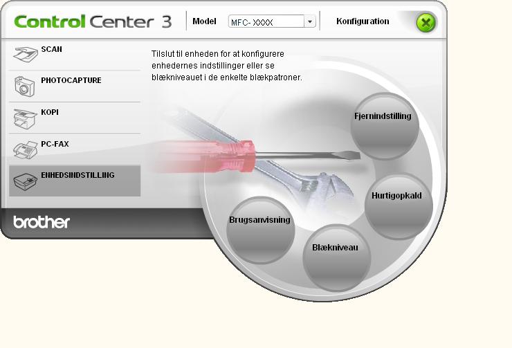 ControlCenter3 ENHEDSINDSTILLING 3 Du kan konfigurere maskinens indstillinger eller kontrollere blækniveauer.