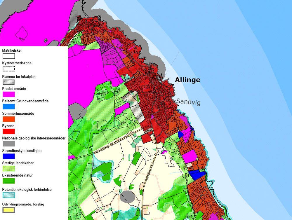 Allinge Det er ikke muligt, at finde arealer, som kræver status af 'udviklingsområde i kystnærhedszonen' for at blive udlagt til boliger i Allinge.