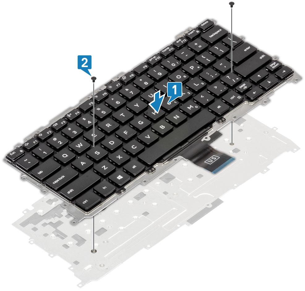 2 Placer tastaturmodulet i håndfladestøtten [1], og fastgør det med de 19 (M1,6x2) skruer [2].