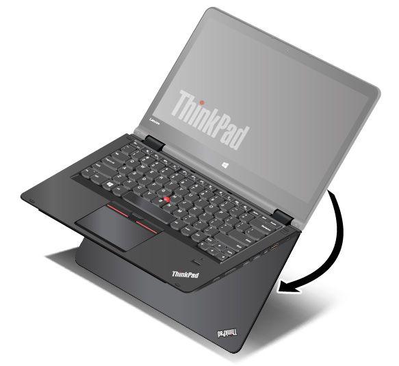 2. Placer computeren som vist. Computeren er nu i støtte-tilstanden. I støtte-tilstanden deaktiveres tastaturet, ThinkPad-navigationspladen og TrackPoint-knappen automatisk.