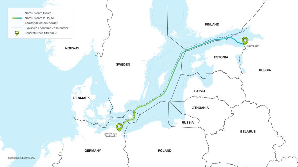 Rørledningsruten gennem Østersøen langs den eksisterende Nord Stream rørledning > Med en total længde på ca.