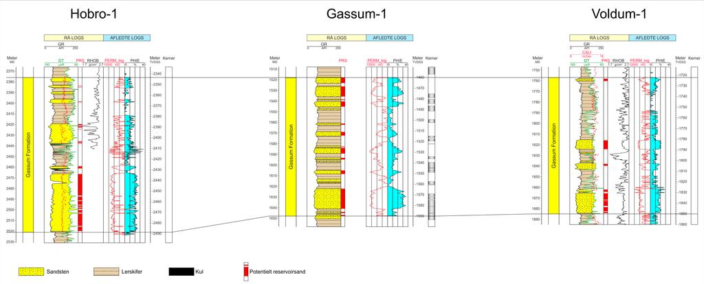 Figur 6: Sammenligning af Gassum Formationen i Hobro-1, Gassum-1 og Voldum-1, som er de nærmeste brønde til prognoselokaliteten (placering af brønde ses i Figur 2).