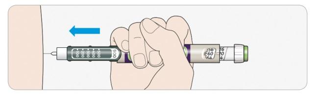 TRIN 5: Injektion af dosis Hvis du har svært ved at trykke dosisknappen ind, må du ikke tvinge den, da det kan knække din pen. Se punktet nedenfor for hjælp.