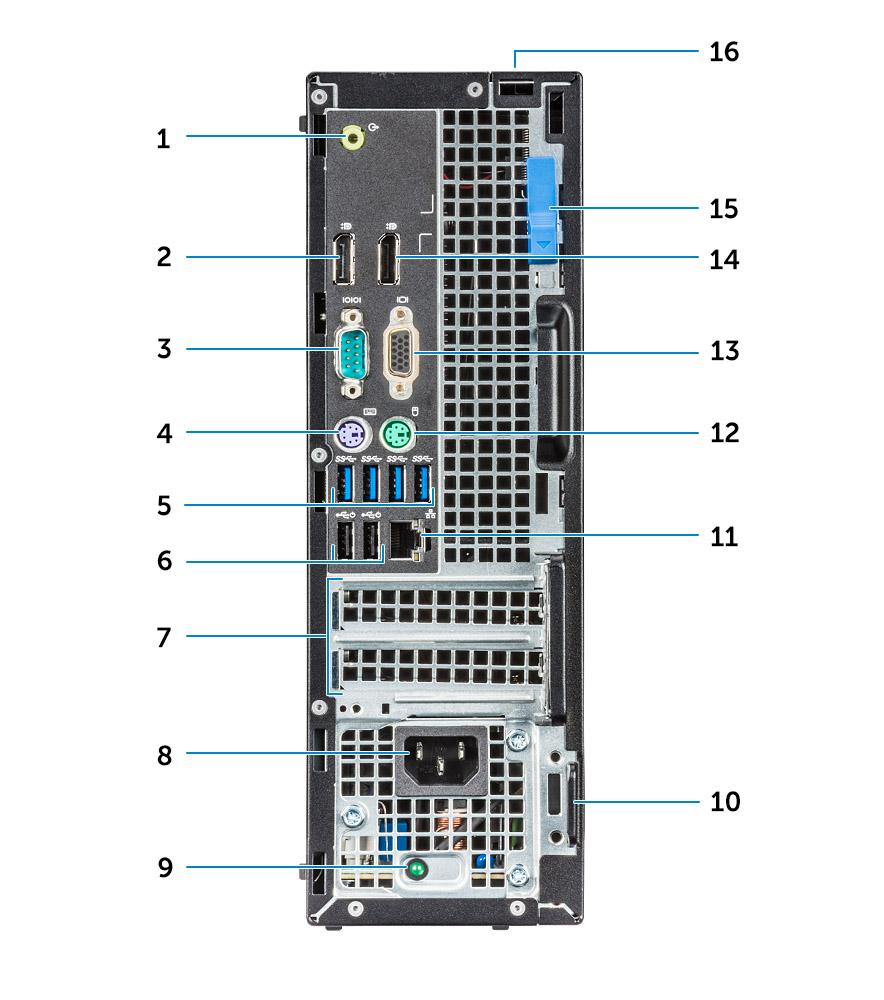 Kabinet vist bagfra Radeon R7 APU i A-serien 1 Linjeudgang 2 DisplayPort 3 Seriel port 4 PS/2-port (tastatur) 5 USB 3.0-porte 6 USB 2.