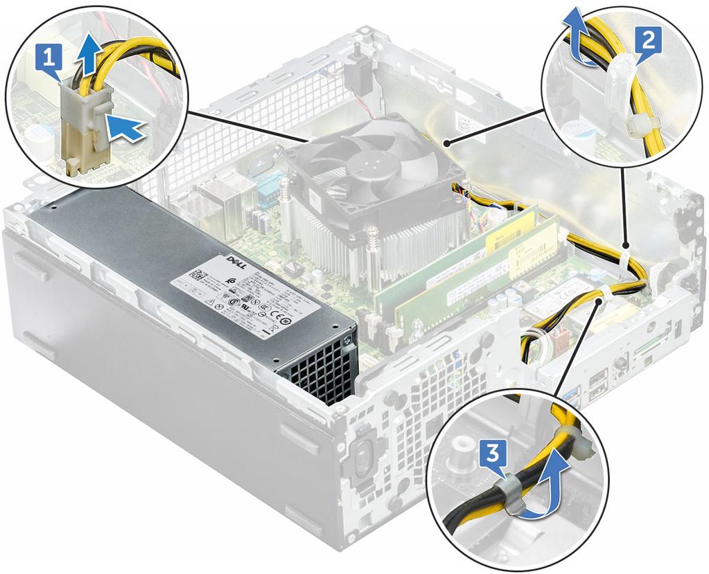 3 Installer: a b c d e f M.2 PCIe SSD optisk drev kølesvøb 2,5"-harddiskmodul frontfacet dæksel 4 Følg proceduren i Efter du har udført arbejde på computerens indvendige dele.
