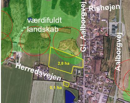 I Løgstrup er arealer ved Hjarbækvej udpeget som værdifuldt landskab (grøn skravering). Boligområdet ved Hjarbækvej udgår.