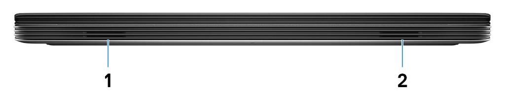 3 Visninger af Dell G7 7790 Forside 1 Venstre højttaler Giver lydudgangssignal. 2 Højre højttaler Giver lydudgangssignal.