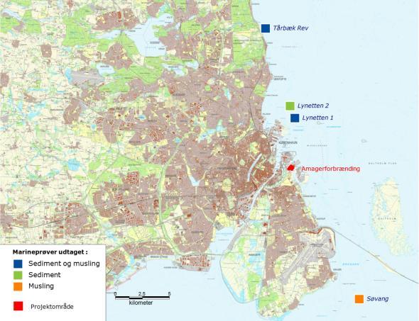0-32 Figur 4-4 Prøvetagningsstationer hvor der er udtaget prøver af sediment og muslinger i det centrale Øresund /59/. I det sydlige Øresund er der taget prøver af muslinger ved Søvang og Lynetten.