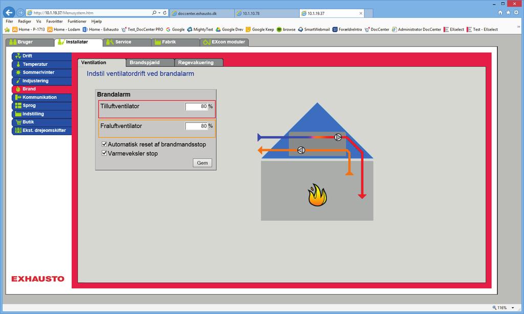 3005268-2019-05-15 Installatørindstillinger 6.7 Brand 6.7.1 Ventilation Denne parameter i menuen Brand er en funktion som benyttes ved brandalarm fra f.eks.