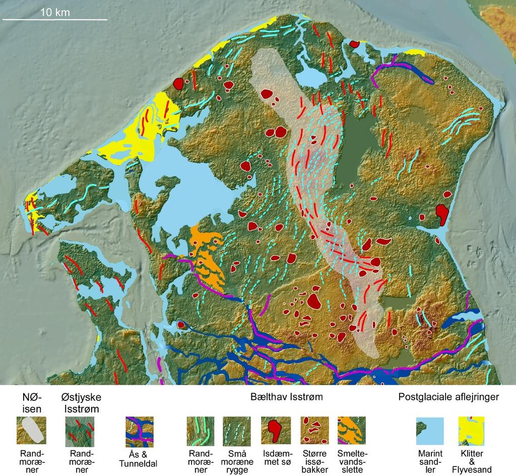 Figur 9: Kort over landskabsformerne i NØ-Sjælland. Det er ikke helt klart, hvornår istidslandskabet, som vi kender det i dag, begyndte at dukke frem i NØ-Sjælland.
