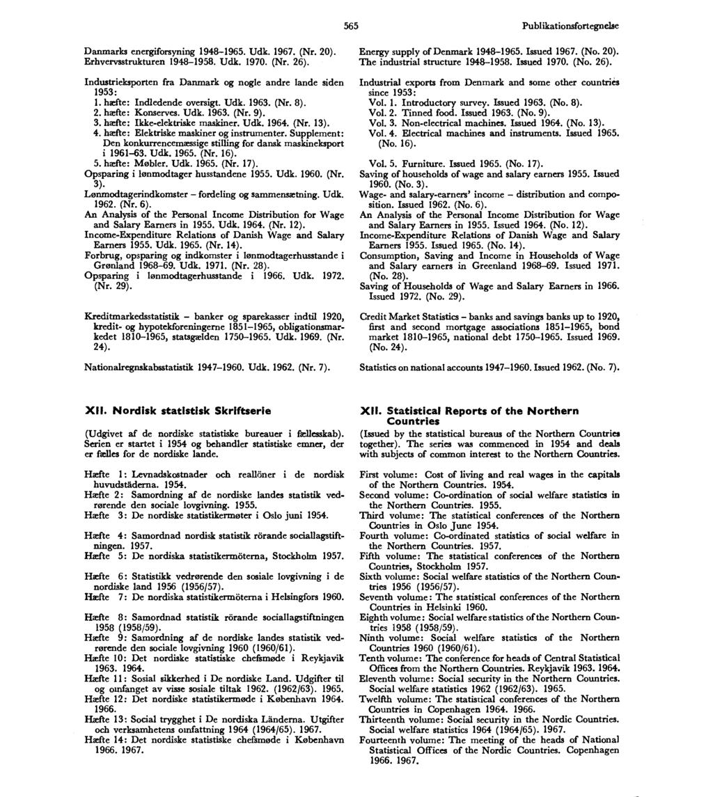 565 Publikationsfortegnelse Danmarks energiforsyning 1948-1965. Udk. 1967. (Nr. 20). Erhvervsstrukturen 1948-1958. Udk. 1970. (Nr. 26).