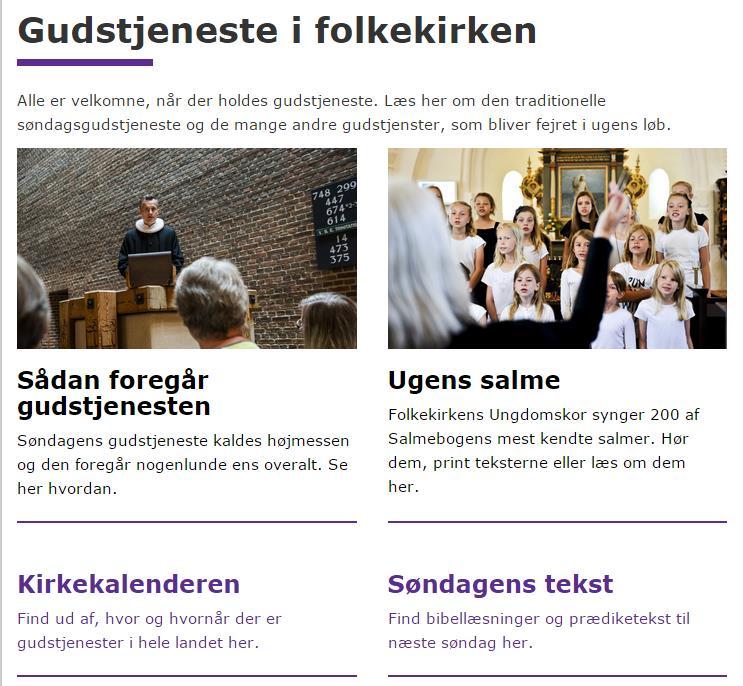 Som et eksempel på sektionsside kan der ses her nedenunder hvor folkekirken.dk har lavet en overskrift og kolonnefordeler under.