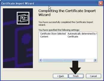 I "Certificate Import Wizard" åbnes dialogen "Completing the Certificate Import