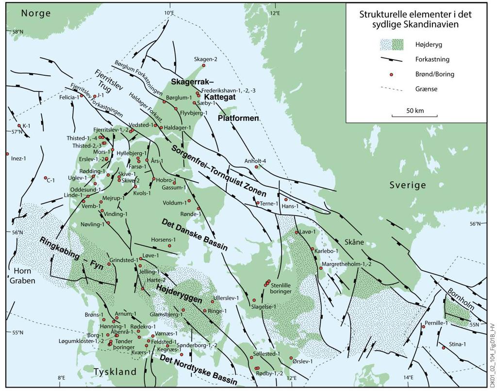 Norge S8'N Højderyg - Forkastning Brønd/ Boring Grænse Sverige S6'N ' Graben 8'E 12"E Figur 2: De væsentligste strukturelle elementer i det sydlige Skandinavien inklusive det Danske