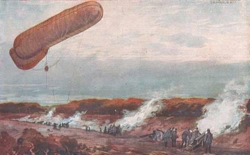 Fesselballon, unsere Artilleriewirkung beobachtend. Den massive indsats af artilleri medførte behov for god artilleriobservation.