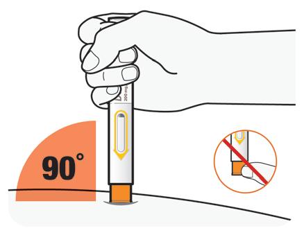 Fjern først den gule hætte, lige inden du skal foretage injektionen. Du må ikke trykke på eller røre den orange kanylebeskytter med fingrene. Kanylen er indeni.