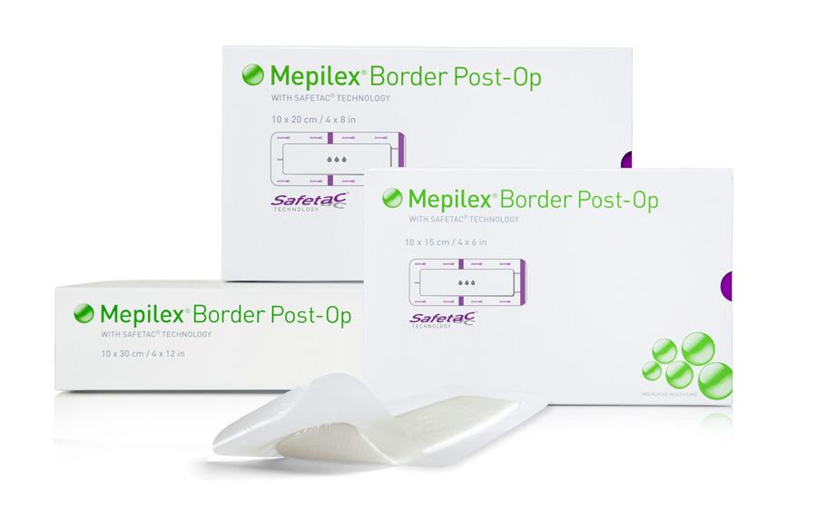 Den fleksible alt-i-en postoperative bandage Mepilex Border Post-Op kan: Reducere SSI ved at minimere antallet af bandageskift og beskadigelse af huden rundt om såret 1-4 Støtte patientens mobilitet