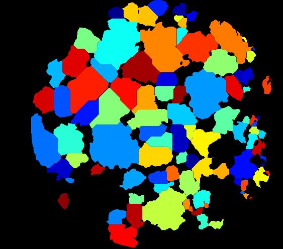 Figur 8. Til venstre ses de individuelle flokke, der blev fundet via analyse af billedet fra foregående figur. Hver individuel flok har sin egen tilfældige farve.