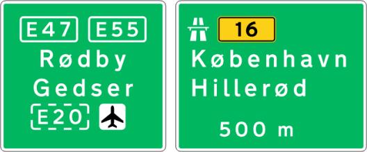 I 17 500-m frakørselstavle i motorvejskryds I 17 tavlen suppleres med en J 11-tavle ophængt til venstre for I 17-tavlen.