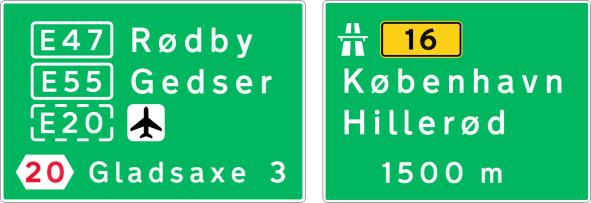 4 Forvarsling for frakørsel til anden motorvej I 20 Hvor der er kryds mellem 2 rutenummererede motorveje, eller hvor en motorvej deler sig i 2, kan krydset navngives ved hjælp af frakørselstavlen I