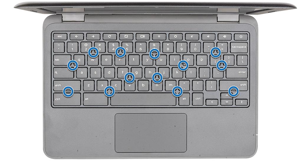 Billedet viser trykkepunkterne på tastaturet. 2 Tilslut tastaturkablet til systemkortet.