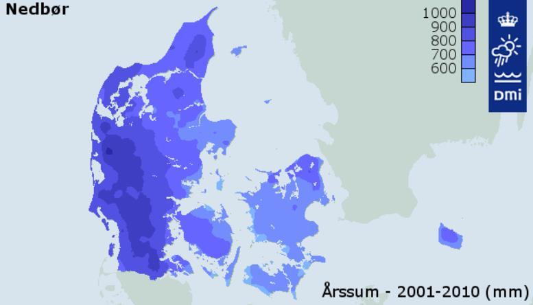 4. Resultater 4.1. Vandstrømme Nedbør, fordampning og nedbørsoverskud Samsø er et af de mest nedbørsfattige områder i Danmark (figur 4.1).
