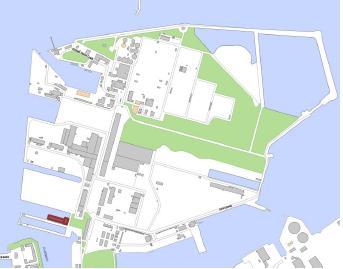 Fig. 1 Oversigtskort der viser badezonens omtrentlige placering på Refshaleøen, markeret med rødt for flere informationer, se bilag 2.