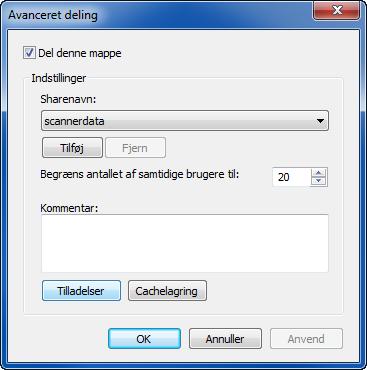 2 I Windows XP, højre-klik på mappen "scannerdata" og vælg [Deling og sikkerhed] (eller [Deling]). 2 Konfigurér indstillinger for tilladelser.