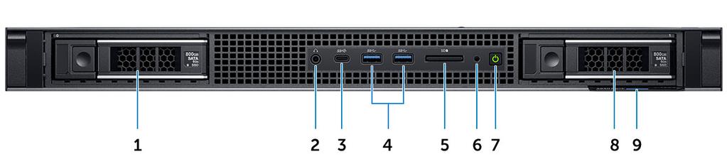 2 Chassisoversigt Set forfra 1. Harddisk slot 0 2. Lydport 3. USB Type-C 3.1 Gen2-port 4. USB Type-A 3.1 Gen1-port 5.