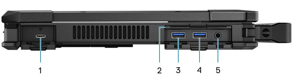 Batteristatusindikator Set fra venstre 1. USB 3.1 Gen 2 Type C-port med strømforsyning 2.