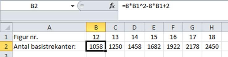 Opgave 2 Figurnummer 1 2 3 4 5 6 Omkreds 4 12 20 28 36 44 Sidelængden i figur nr. n er 2n 1, og omkredsen O bliver derfor 4 (2n 1) = 8n 4.