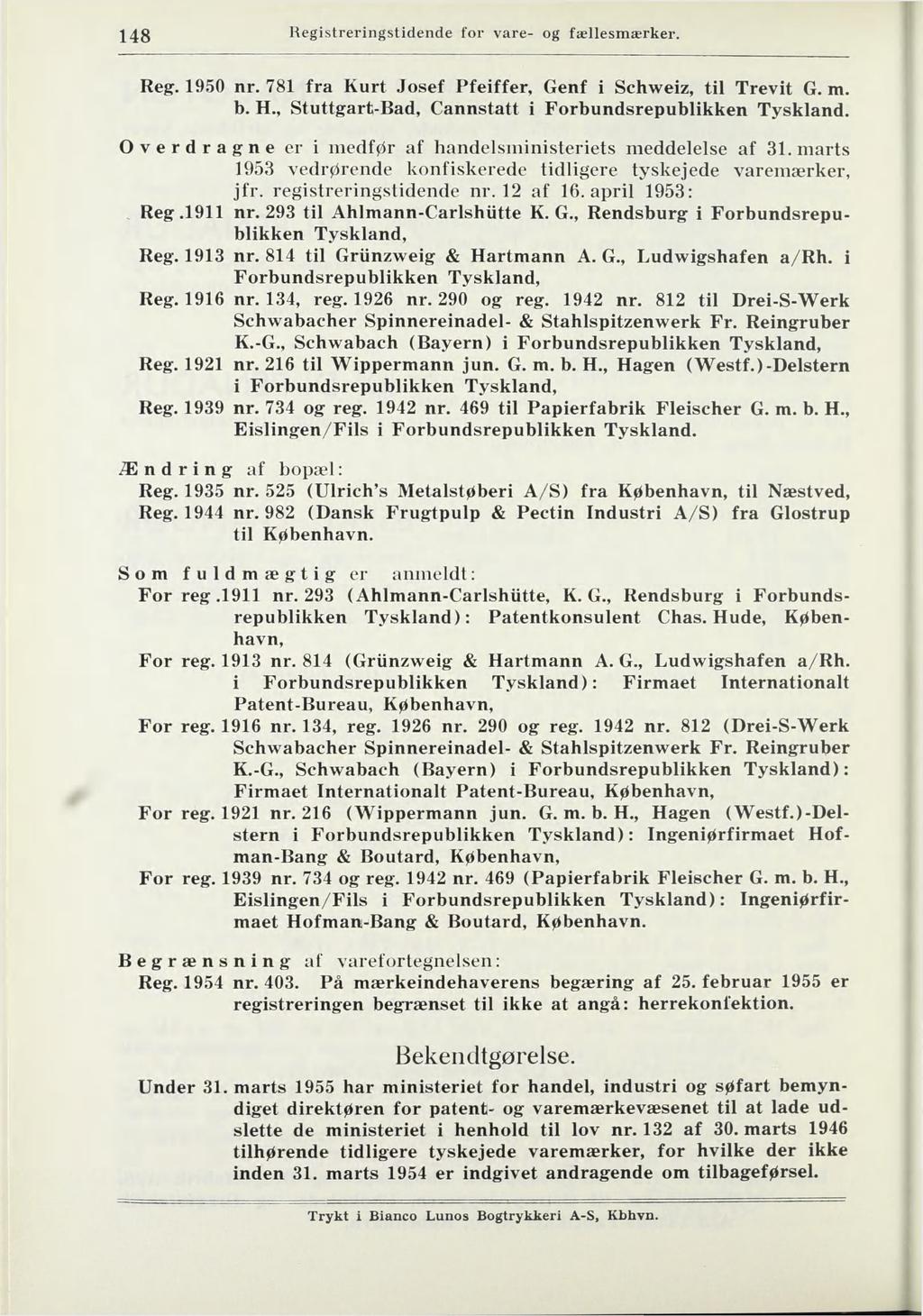 148 Registreringstidende for vare- og fællesmærker. Reg. 1950 nr. 781 fra Kurt Josef Pfeiffer, Genf i Schweiz, til Trevit G. m. b. H., Stuttgart-Bad, Cannstatt i Forbundsrepublikken Tyskland.