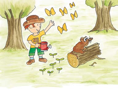 Ude i skoven boede Hr. Balance sammen med dyrene. Han passede de små træer og hjalp med stort og småt.