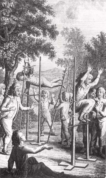 21 Børn i naturlige omgivelser. De fysiske lege er organiseret med henblik på at tilegne sig kropslige færdigheder. Gengivet fra J.C.F. Gutsmuths Gymnastik für die Jugend, 1793.
