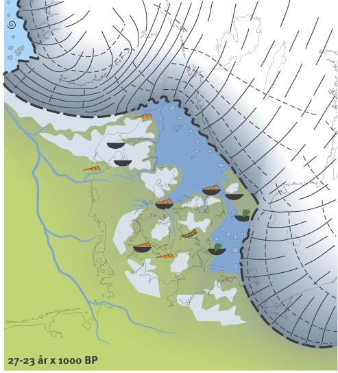 000 år siden præget af urter med spredte forekomster af polarpil og dværgbirk. I Skagerrak og Kattegat fandtes et ishav, som til tider strakte sig ind over Nordsjælland.