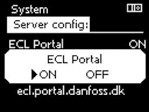 Sæt ECL Portal til ON og se dit serienr. og adgangskode under Portal info 4.