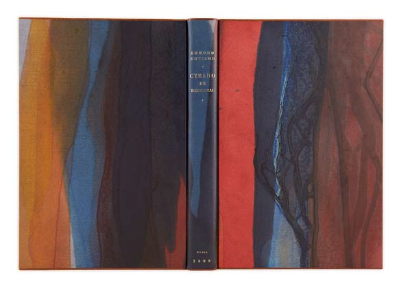 46: MARIANNE LUND PETERSEN 2700 Brønshøj Rubow-bind udført 1999. Med skindskinner af gyldenbrunt gedeskind. Overtrækspapiret, med en blanding af løbende varme farver, er udført af Elsa Granow.