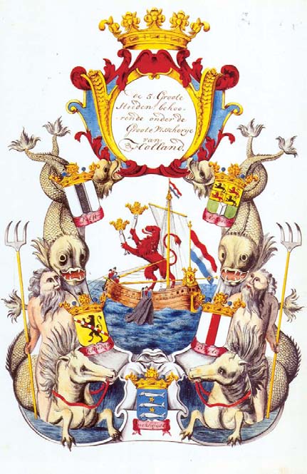 Figur 5 DET TILSYNS- FØRENDE RÅD Våbenskjoldet tilhører det tilsynsførende råd, College van de Grote Visserij, der havde ansvar for lovgivning og udøvelse af sildefiskeriet i Holland fra 1560 erne og