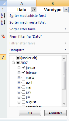 I eksemplet til venstre er der klikket på filter knappen ved kolonne overskriften Dato I vinduet viser den månedernes navne, selvom der i kolonnen står datoer, men her grupper den datoerne, således