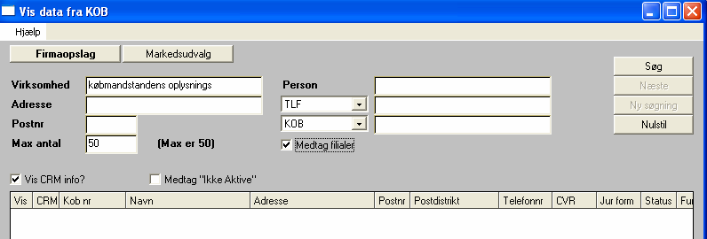 Søg i KOB Søg virksomheder i KOB Menupunktet <Søg i KOB> giver mulighed for at søge virksomheder direkte i KOB s database.