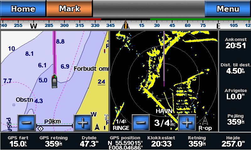 Når datafelter vises på kombinationsskærmen, vises navigationsoversigtskortet ➌ under navigation. Kompasbånd ➍ kan vises eller skjules i hvert overlay.
