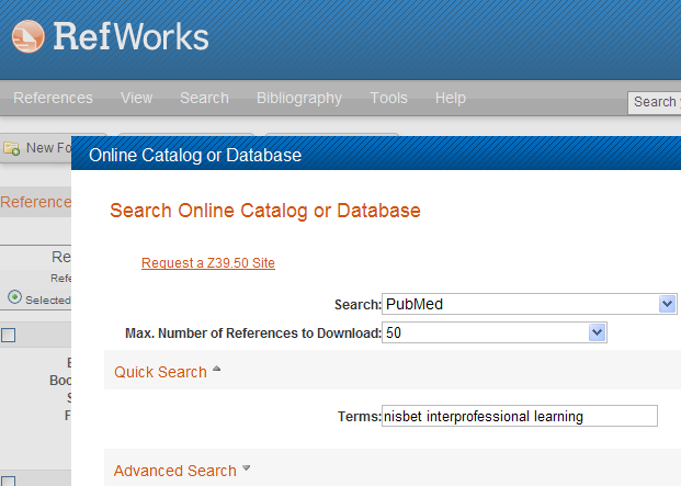 PubMed - import via søgning i RefWorks Det er muligt fra RefWorks at søge i udvalgte databaser og bibliotekskataloger.