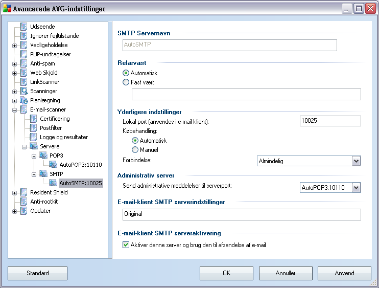 I denne dialogboks (åbnes via Servere / SMTP) kan du konfigurere en ny E-mail scanner-server vha.