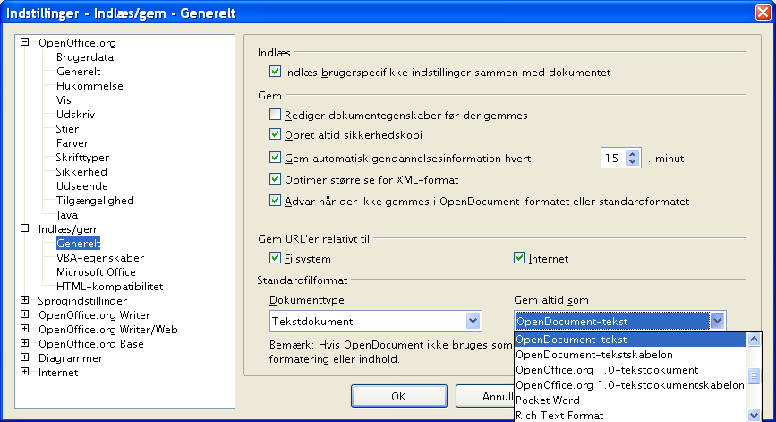 Åbne filer Figur 2. Vælg standardfilformat ved gem Åbning af tekstformater Ud over de filformater som benyttes af OpenOffice.org (.odt and.ott) kan filer fra OpenOffice.org 1.x (.sxw,.stw) åbnes.